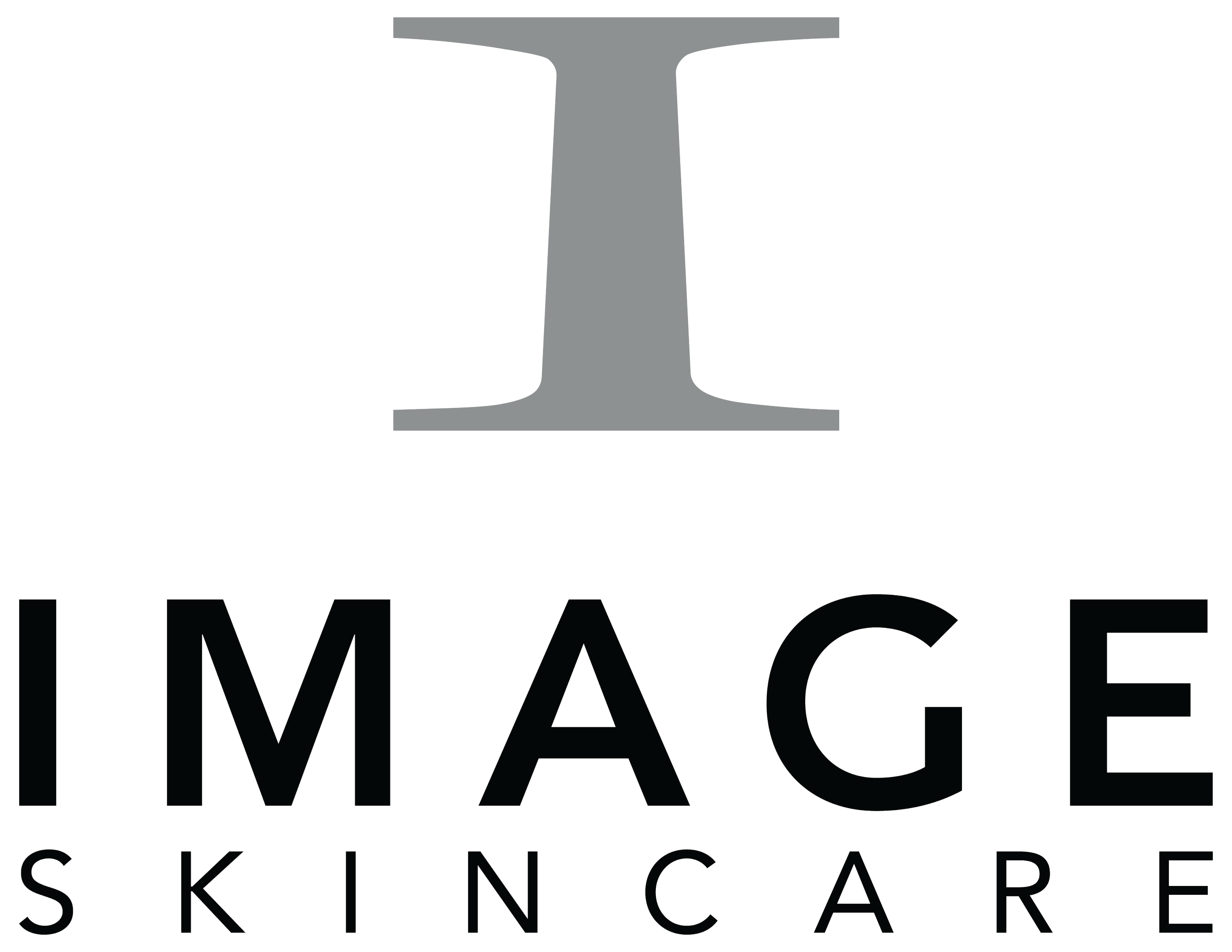 The logo for 'IMAGINE SKINCARE' features a large, gray, uppercase letter 'I' centered above the brand name, which is written in white and outlined in black over a black background.