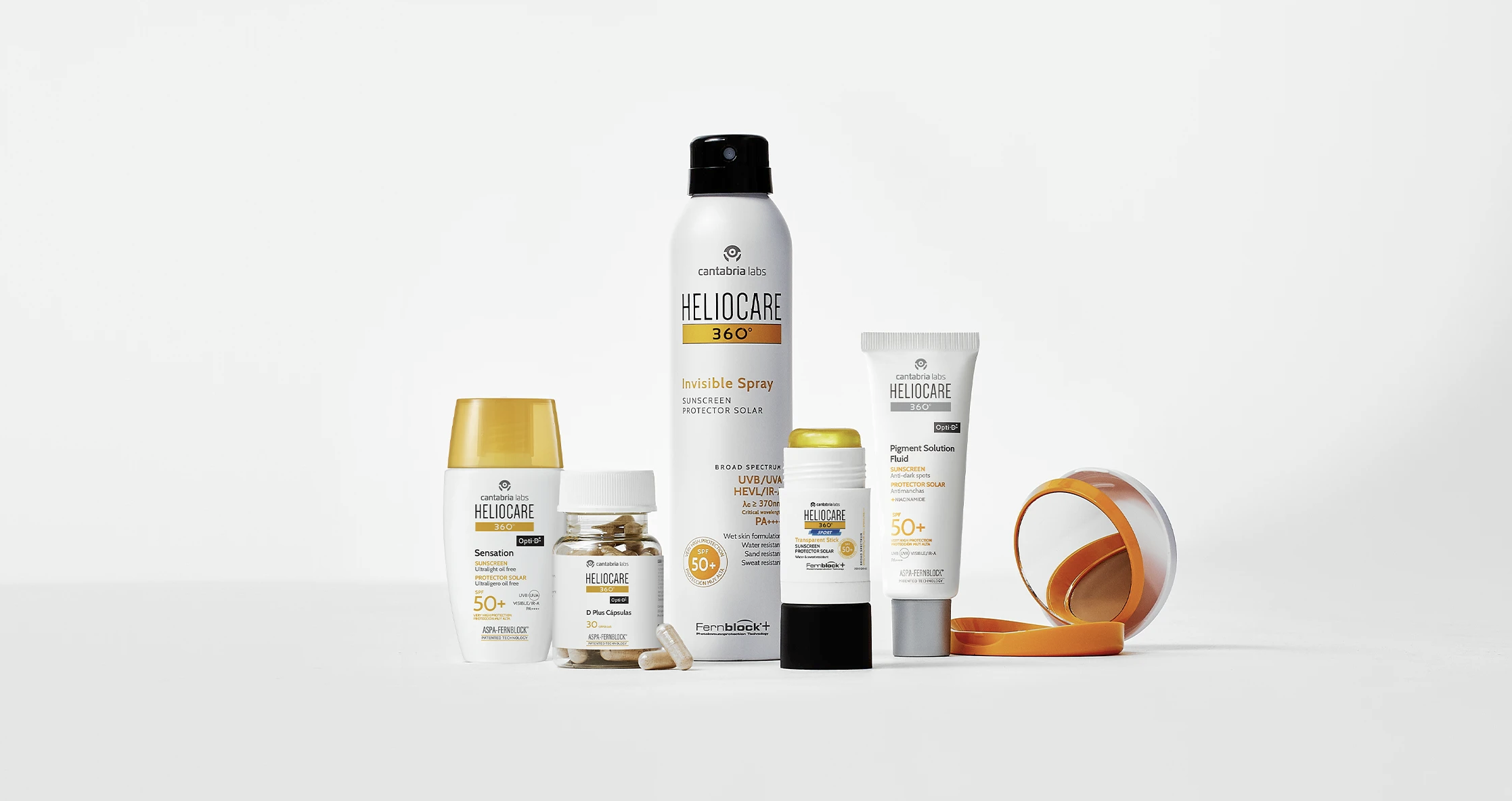 Collection of cantabria labs Heliocare solar protection products including spray, capsules, cream, and powder on a white background
