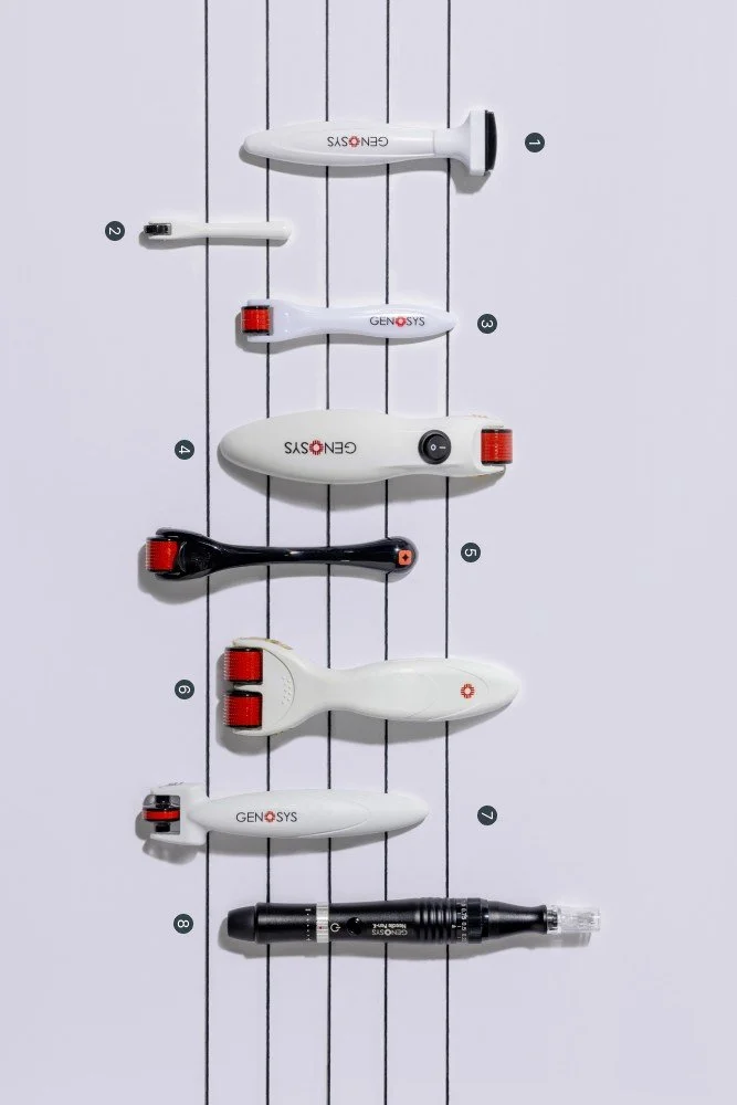 A vertical display of eight different medical diagnostic or surgical devices hung on hooks against a white wall, numbered from 1 to 8.