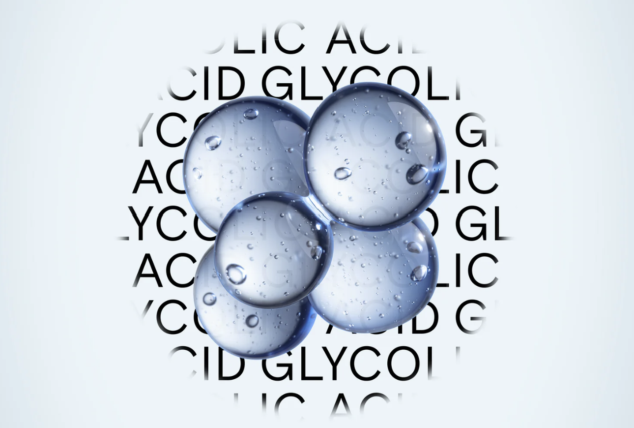 Illustration of a molecular structure with water droplets, over a background of chemical formulas including 'CIC', 'GLYCOL', and 'ACID'.