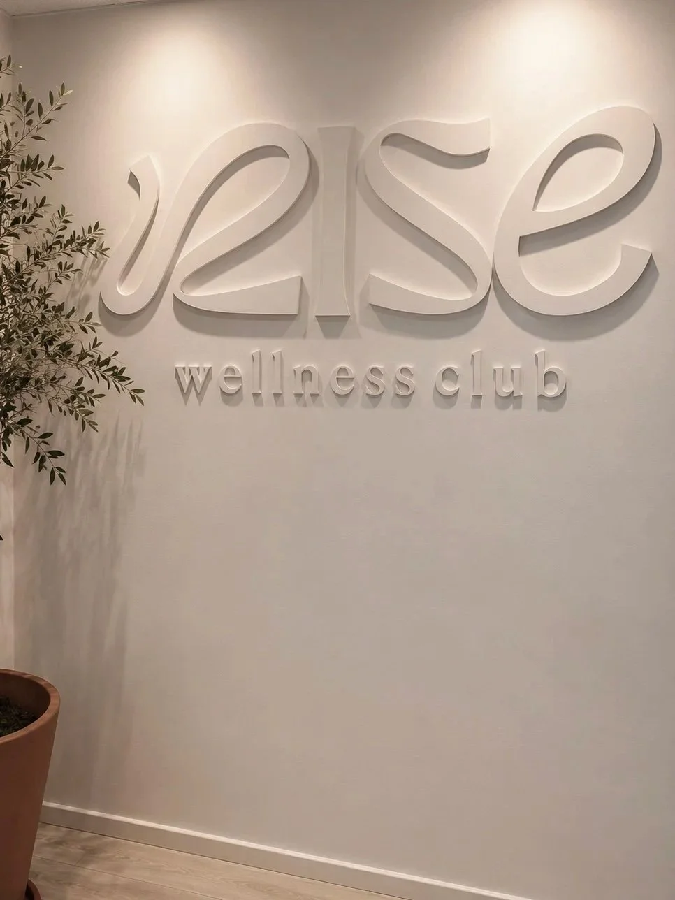 Interior wall with large 3D white sign reading 'V2ise wellness club' and a potted plant in the corner.