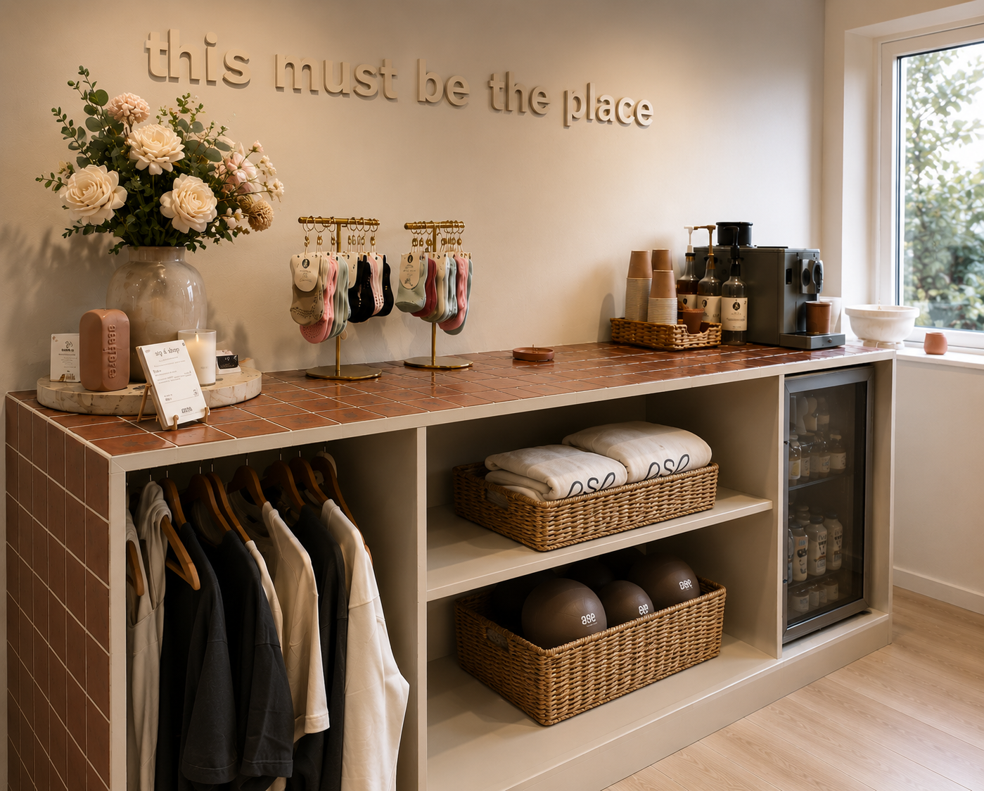 Coffee station with a shelving unit holding folded towels, basketballs, and hanging shirts, a vase of flowers, a coffee machine, cups, and a window in a cozy, minimalist setting.