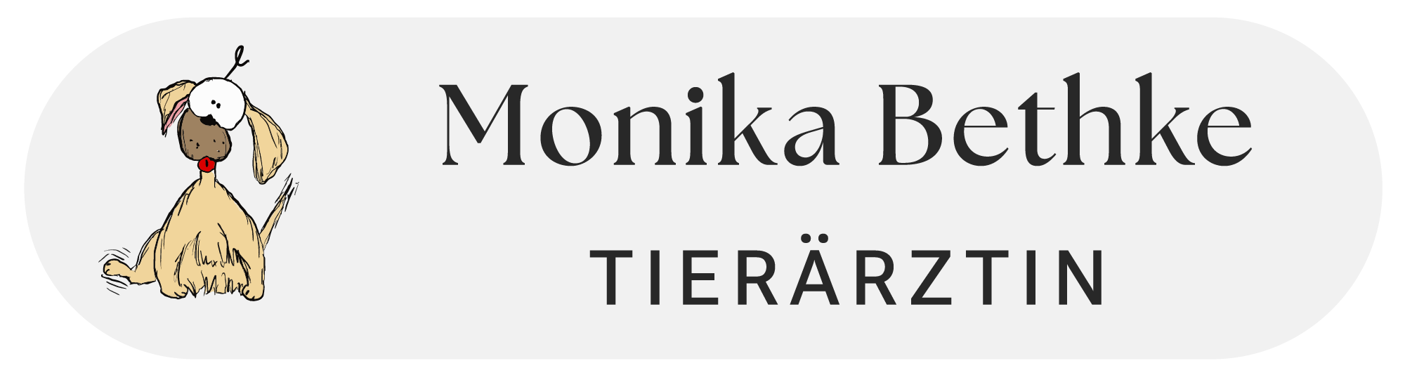 Grafik mit Text 'Monika Bethke Tierärztin' und einer verspielten Illustration eines Hundes mit grossen Augen