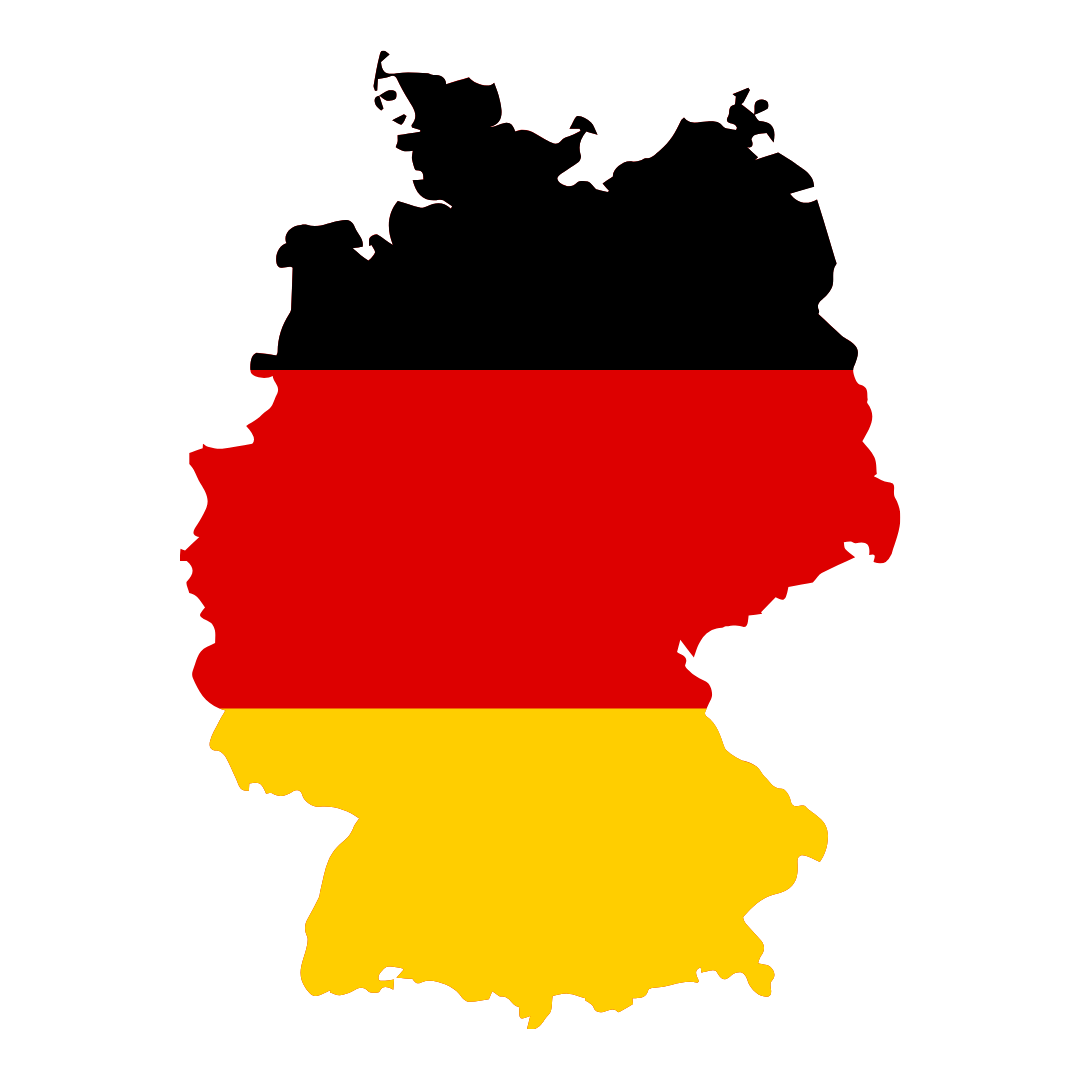 Die Karte Deutschlands, die nationale Flagge mit Schwarz, Rot und Gold gefärbt ist, dargestellt vor einem schwarzen Hintergrund.