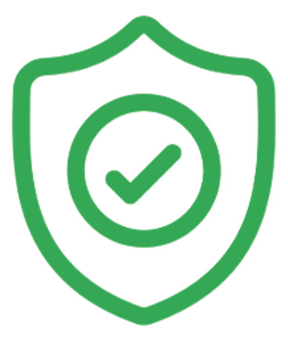 A shield icon with a check mark and a small orange banner beneath it.