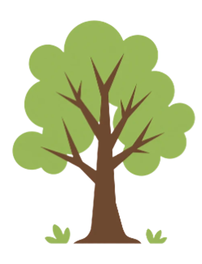 Illustration of a tree with green foliage and a brown trunk, with two small bushes at the base.