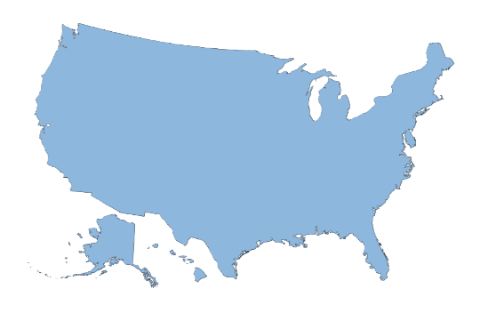 A light blue map of the United States of America with state borders marked.