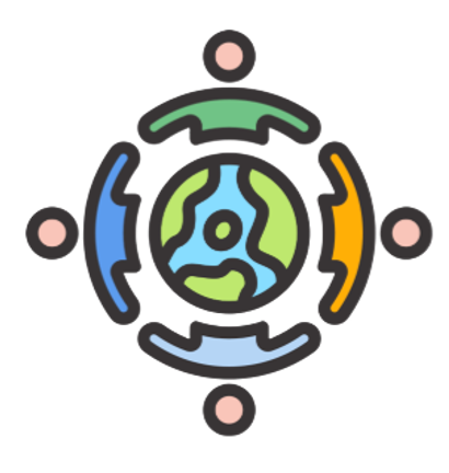 A stylized illustration of the Earth surrounded by five human figures holding hands, representing global unity and community. This organization aims to support equity.