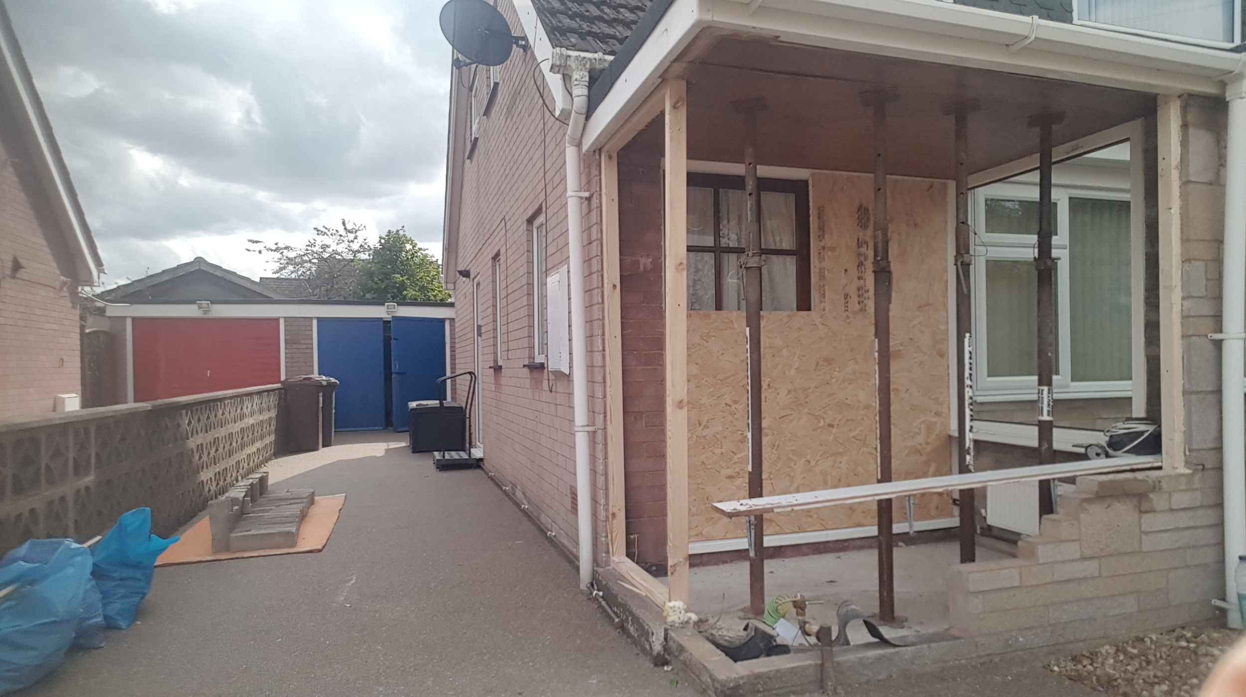 The damage caused to the front porch of this property was a result of the property owner mistaking the accelerator for the break