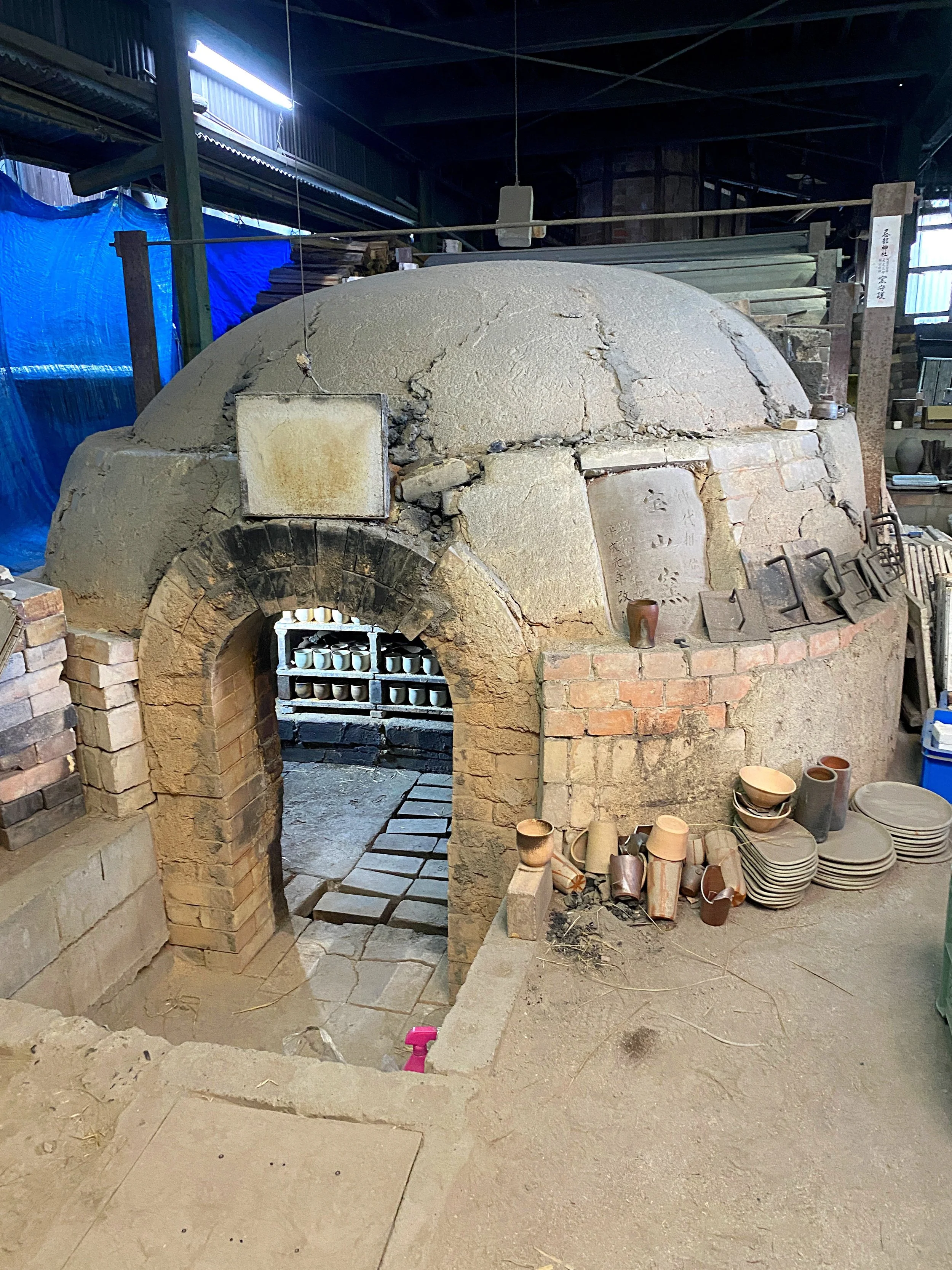 The noborigama kiln of Toshiaki Mori during preparation for firing.