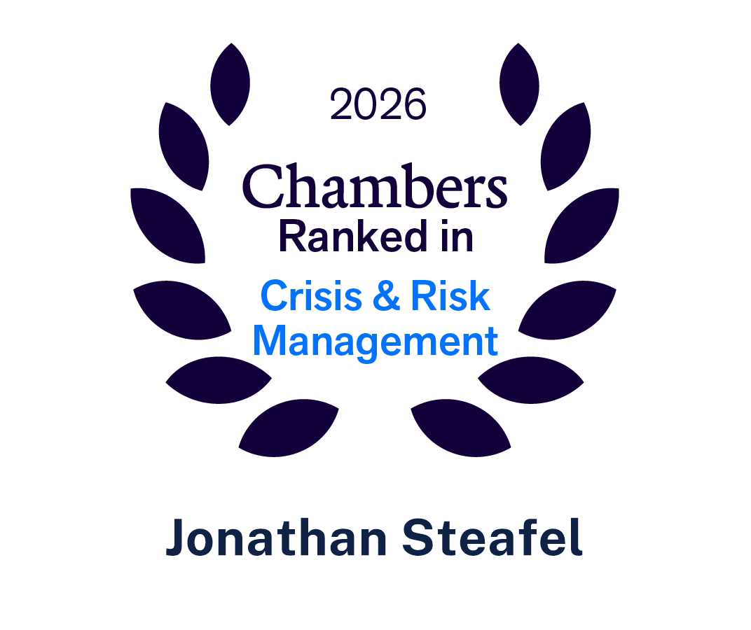 2026 Chambers Ranked in Crisis & Risk Management by Jonathan Steafel, surrounded by a purple laurel wreath.