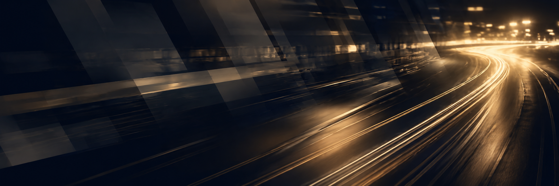 Light trails from moving vehicles on a highway at night, with reflections on the wet road surface and a blurred cityscape in the background.