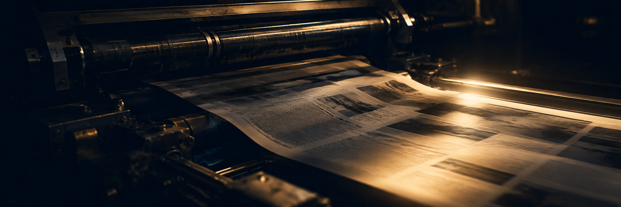 A printing machine producing newspapers or magazines in a dark room, illuminated by a warm light.
