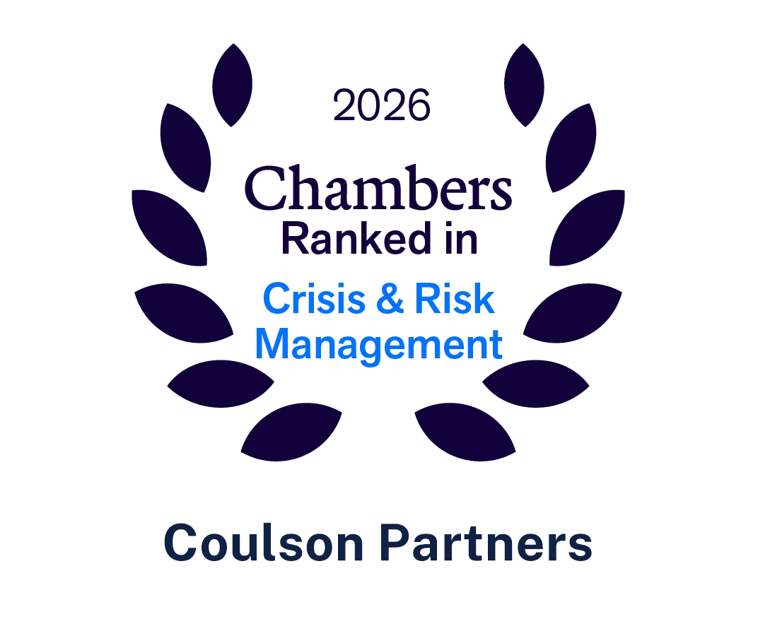 2026 Chambers ranked in Crisis & Risk Management logo with a circular laurel wreath design and Coulson Partners at the bottom.