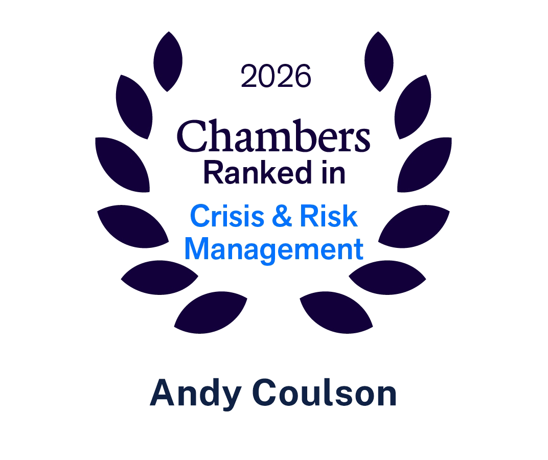 2026 Chambers ranked in Crisis & Risk Management badge with a laurel wreath and the name Andy Coulson at the bottom.
