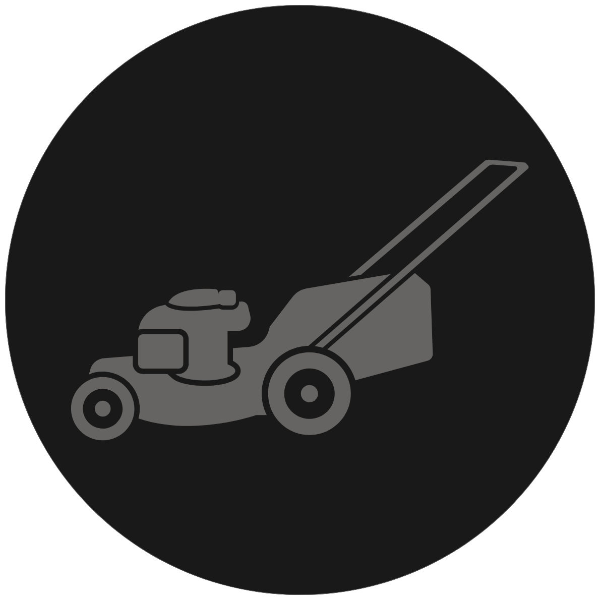 Icon of a lawnmower on a black circular background