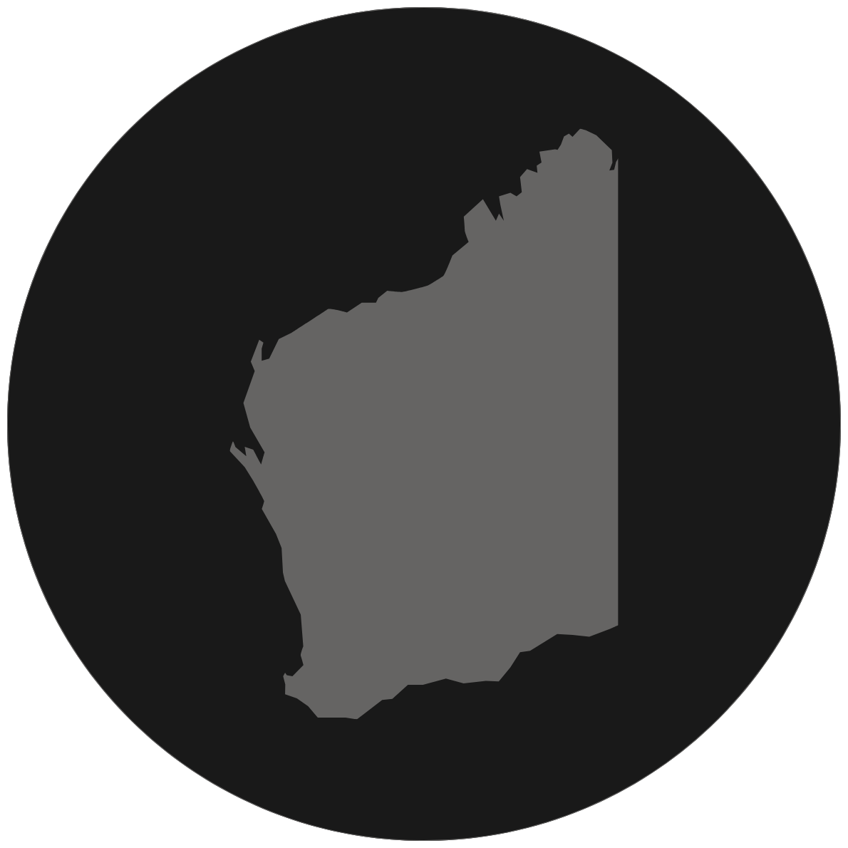 A grayscale map of an unspecified country with multiple regions or states outlined within a circular frame.
