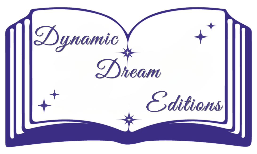 Illustration of an open book with the text 'Dynamic Dream Editions' and star-like sparkles in purple.