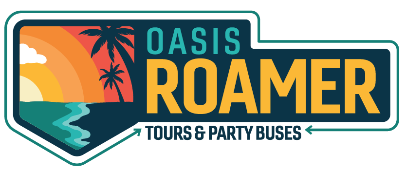 Logo for Oasis Roamer Tours & Party Buses featuring a sunset, palm trees, and a the beach.