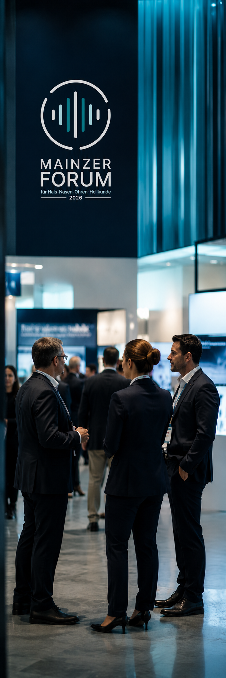 Business professionals engaging in a discussion at the Mainzer Forum for ENT medicine in 2026, with a banner displaying the event logo and title in the background.