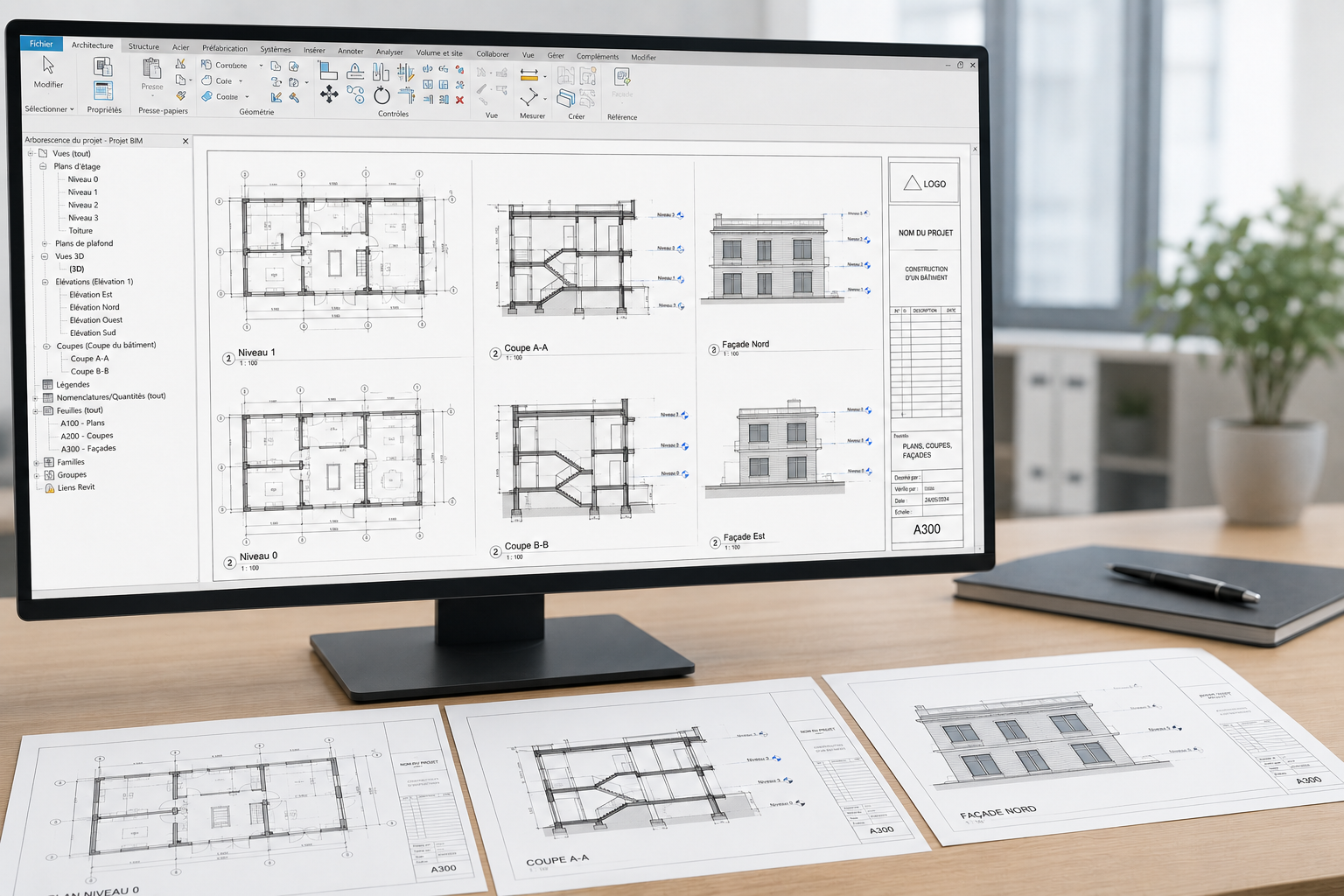 Computer monitor displaying architectural blueprints and plans for a building project, with additional printed drawings and a notebook with a pen on a wooden desk.