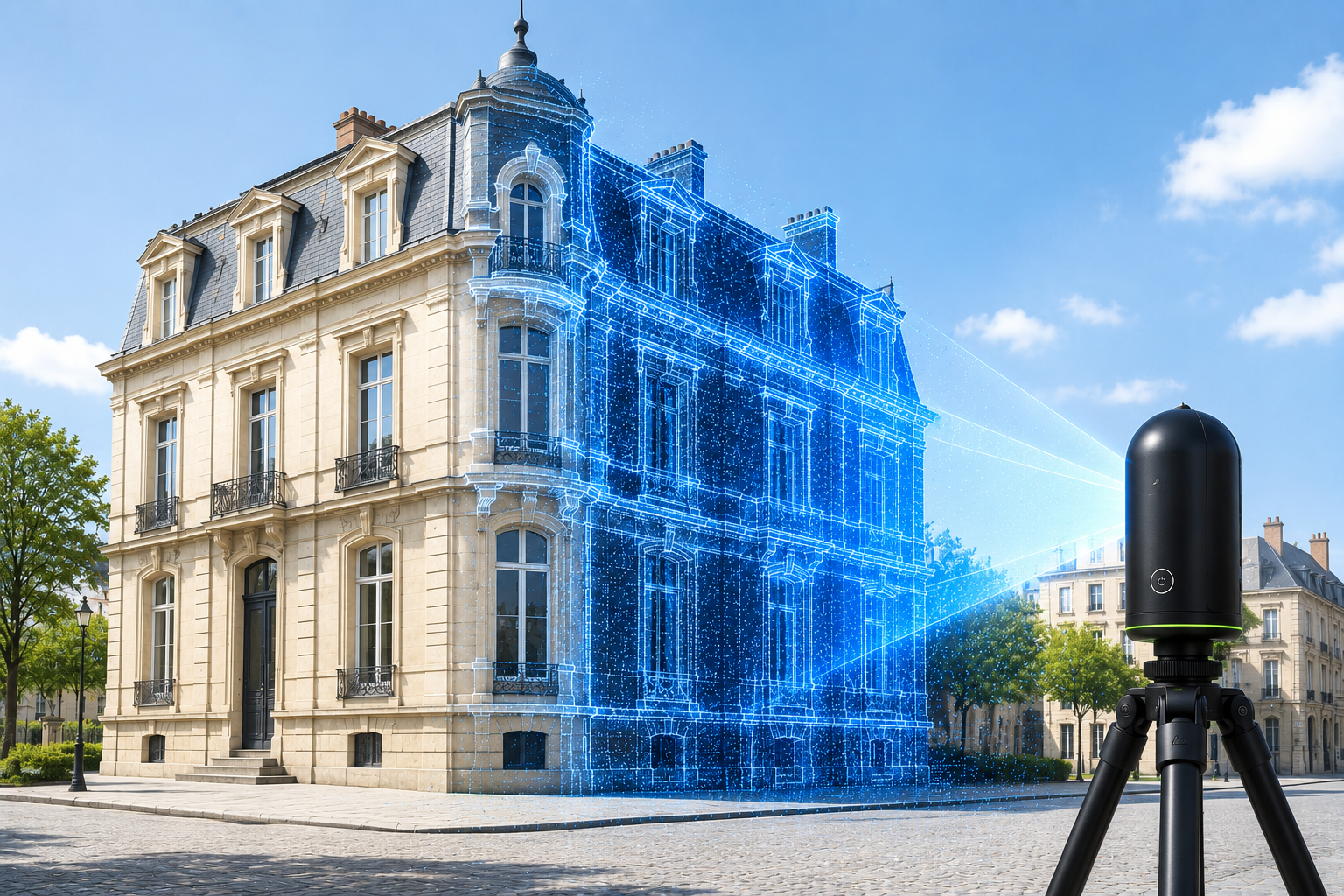 A historic multi-story building with ornate architecture and tall windows, with a drone or 3D scanning device on a tripod in the foreground displaying a digital blueprint overlay of the building.