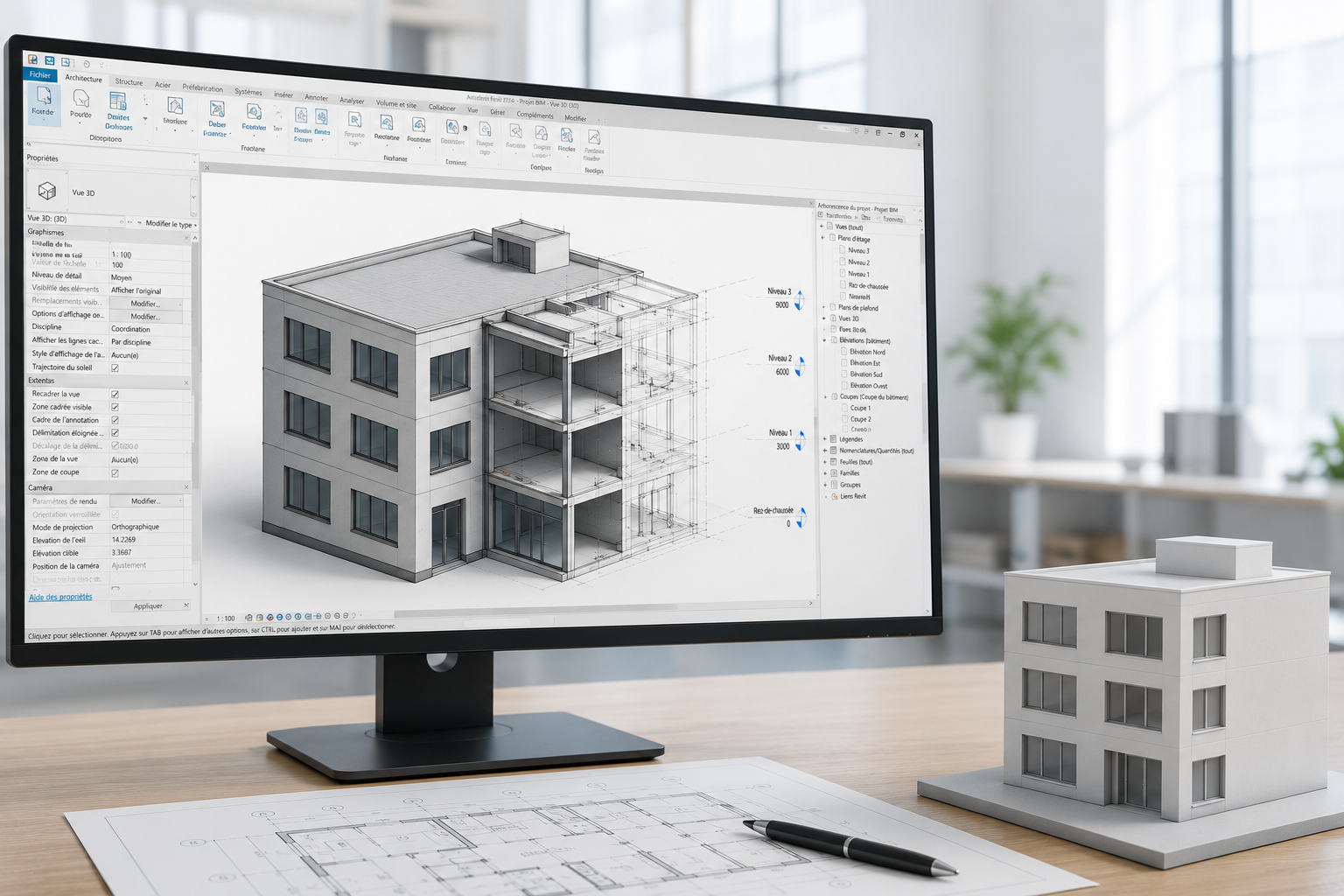 Computer screen displaying a 3D building design software with a building model and blueprints on desk.