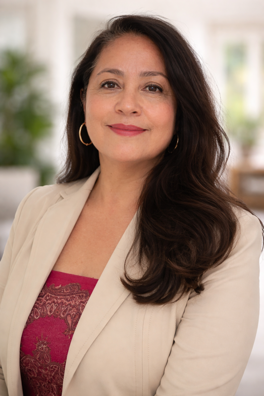 A woman with long, dark hair wearing a beige blazer and a pink, patterned top, standing indoors with a blurred background.
