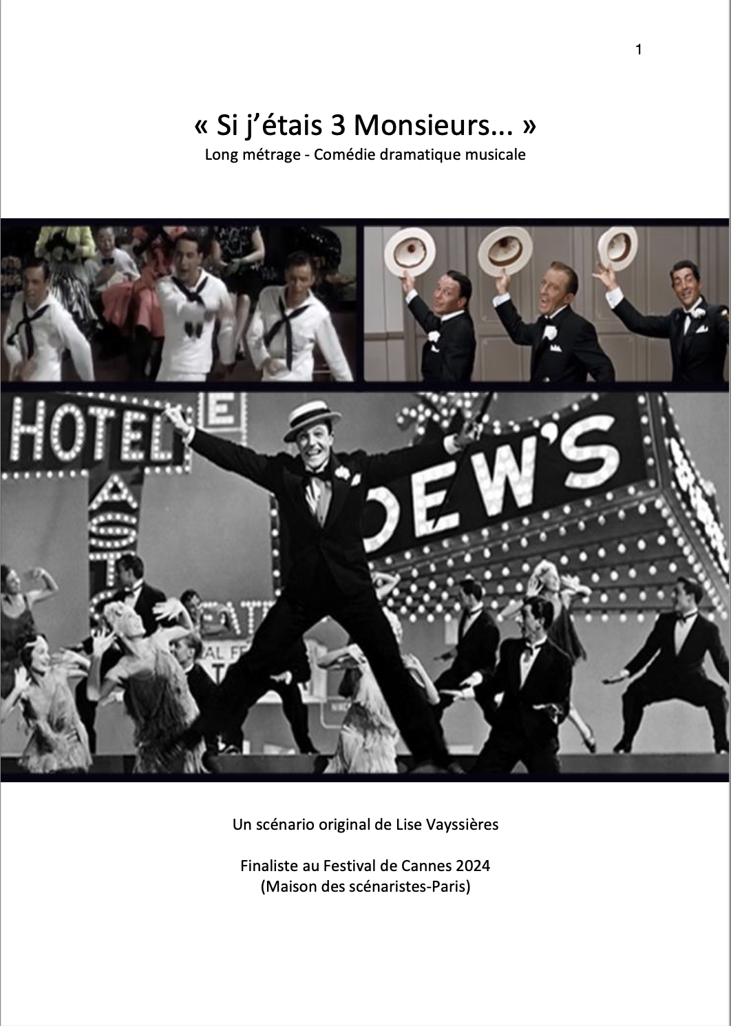 Affiche de la pièce de théâtre musicale 'Si j’étais 3 Monsieur...' avec des images de danseurs et de chanteurs dans des costumes de style ancien, dont certains avec des chapeaux, sous une enseigne lumineuse.