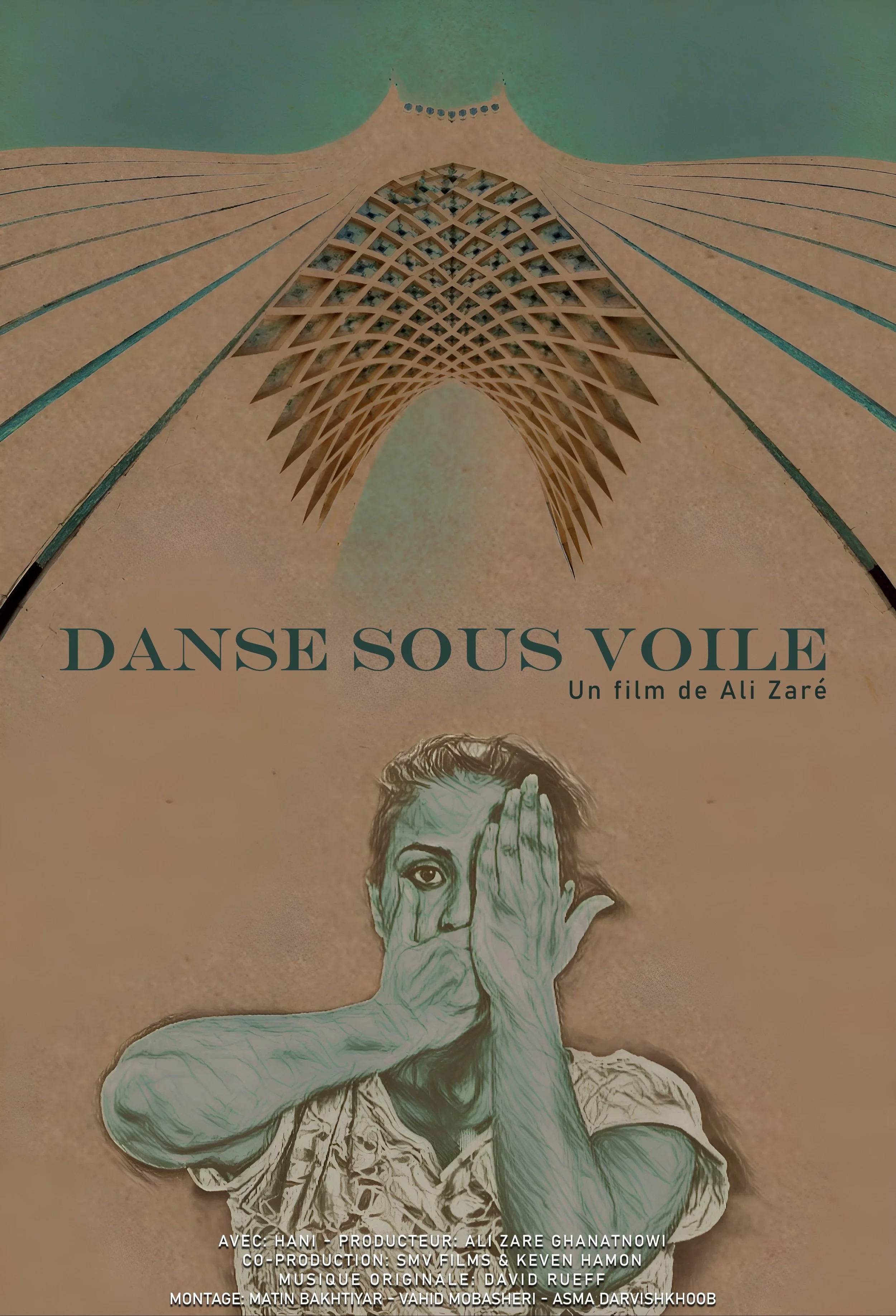 Affiche du film intitulé 'Danse sous Voile', réalisé par Ali Zaré, avec une illustration d'une personne en position de danse ou d'expression corporelle, avec des éléments graphiques abstraits en arrière-plan et des crédits en bas de l'image.