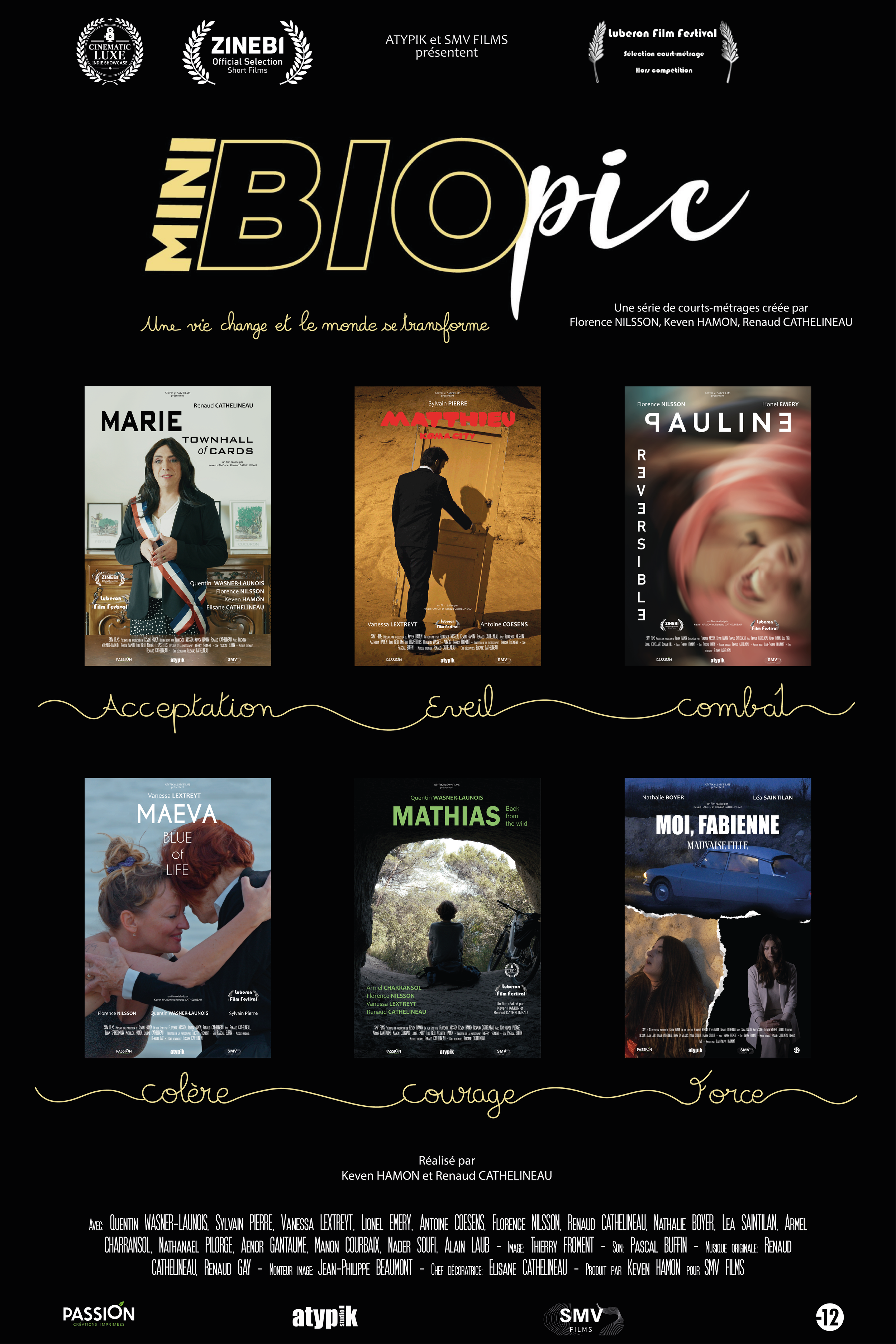 Une affiche de série de courts-métrages intitulée "Mini BIO pic" avec des titres de films et des images d'acteurs et de scènes. Thèmes inscrits en bas : acceptation, éveil, combat, colère, courage, force.