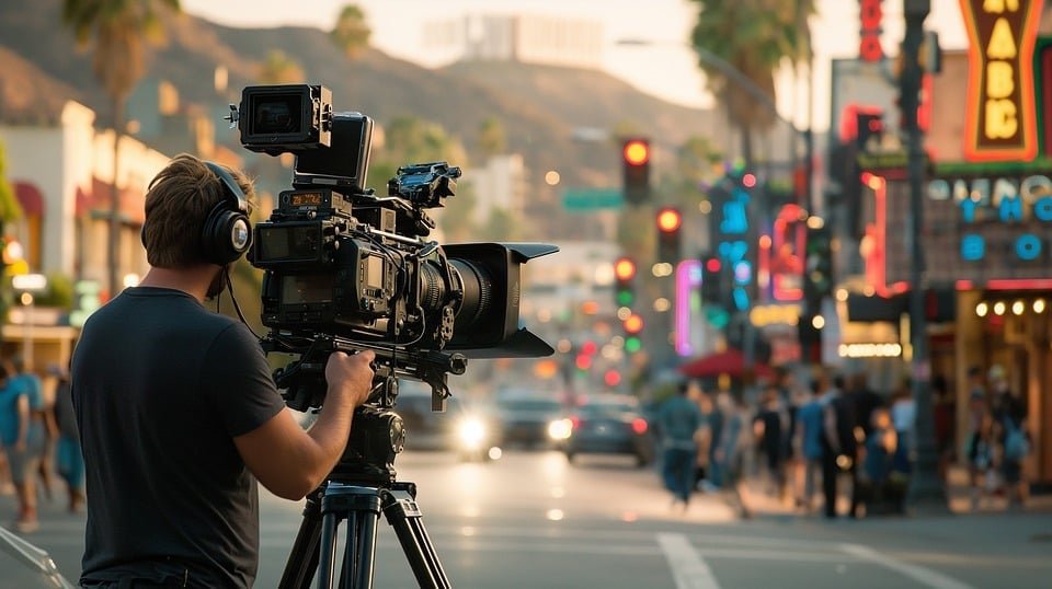 Un vidéaste professionnel filme une scène dans une rue animée en soirée, avec des néons colorés et des passants.