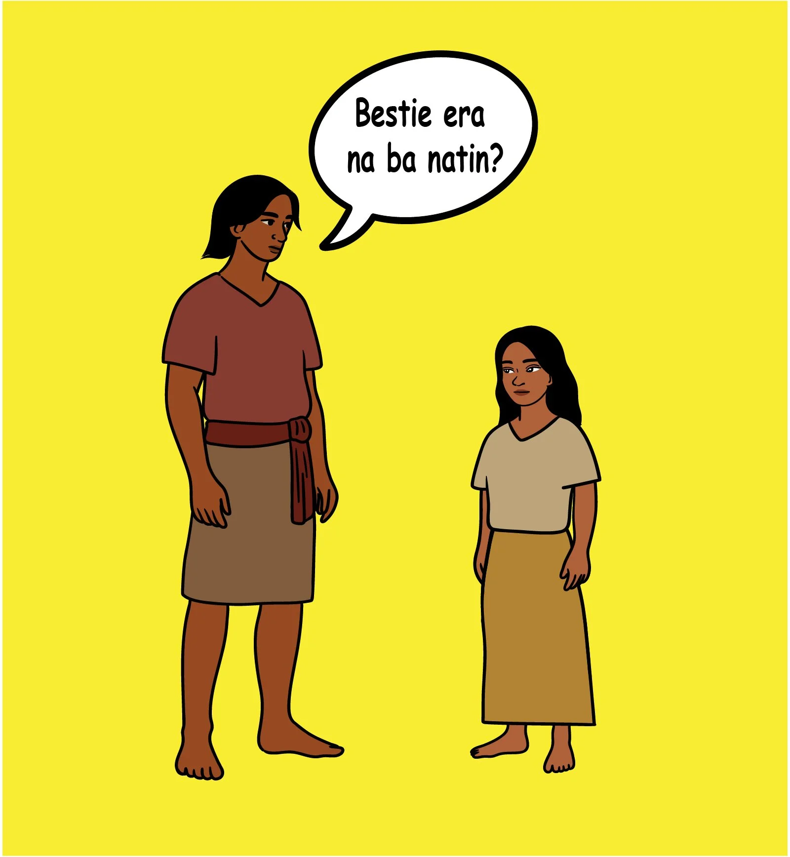 A man and a girl with brown skin and black hair, standing barefoot against a yellow background. The man is wearing a brown skirt and a maroon top, and the girl is in a beige top and long brown skirt. The man is asking the girl, 'Bestie era na ba matin?'