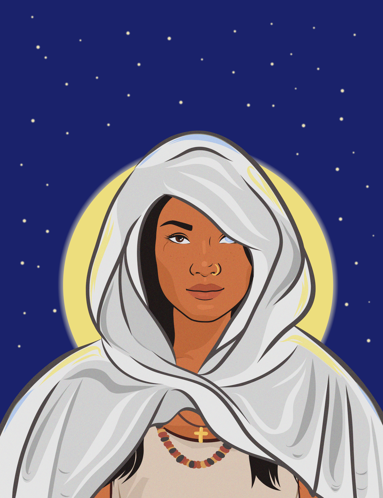 Digital illustration of a Filipino woman with dark skin, long black hair, wearing a white hooded cloak with a cross necklace and another beaded tribal one, set against a starry night sky.