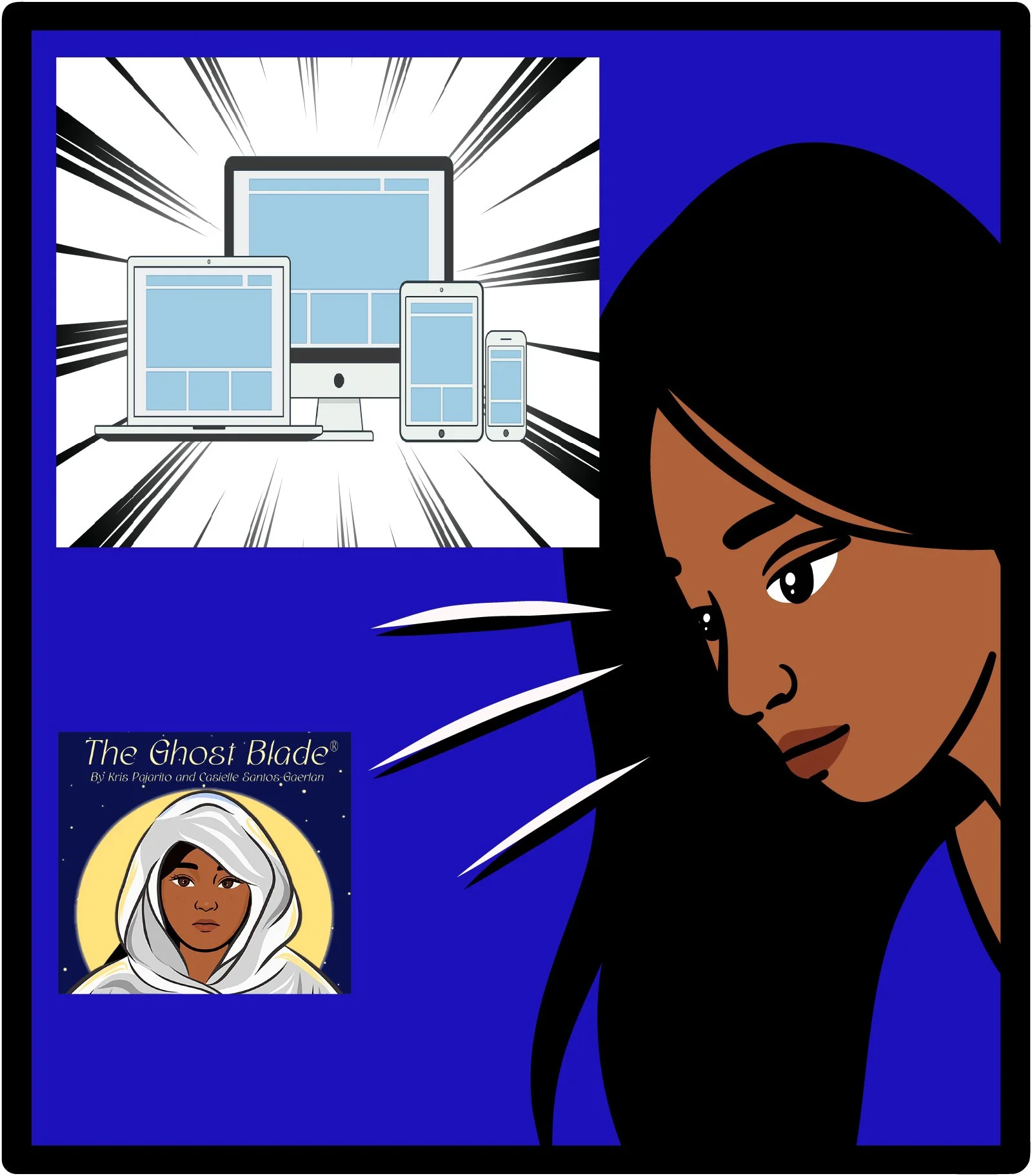 A comic-style illustration featuring a woman with dark hair and a serious expression, with a speech bubble or thought bubble showing images of electronic devices and a character from the comic titled 'The Ghost Blade'.