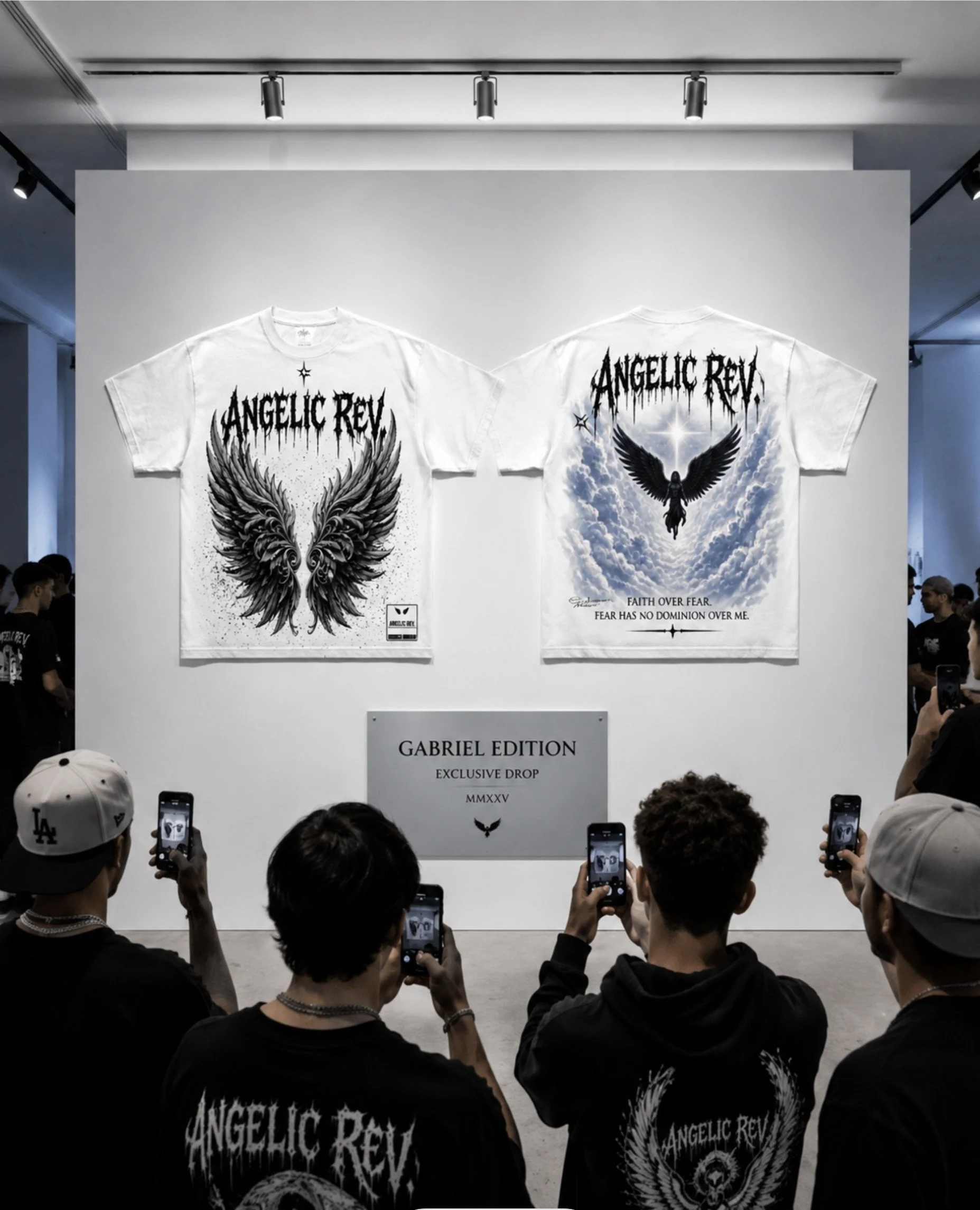The T-shirts feature designs with angelic and angel wings, with the text 'Angellic Rev.' and additional text 'Faith Over Fear. Fear Has No Dominion Over Me.' The setting appears to be an art gallery or fashion event, with focused lighting and a clear sign that reads 'Gabriel Edition Exclusive Drop MMXXV'.