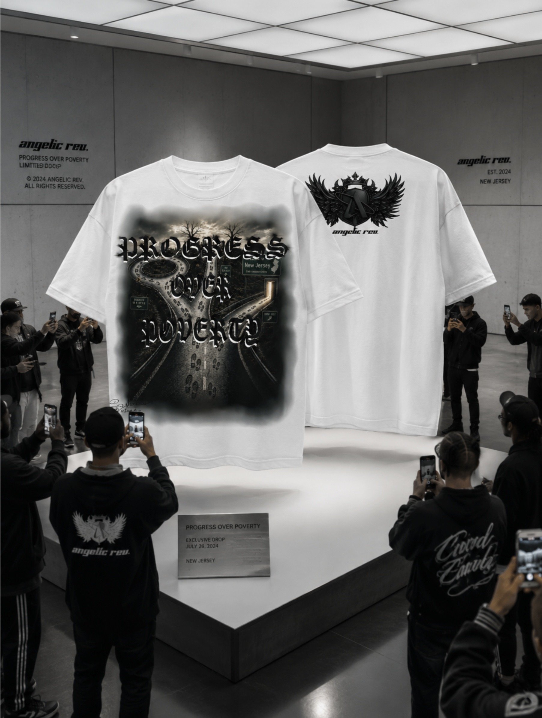 Two white T-shirts on display at an event called 'Progress Over Poverty' in New Jersey The front shirt features imagery of a highway and the words 'Progress Over,' while the back shirt has a black logo with wings and a circle, and the words 'Angelic Rev.'