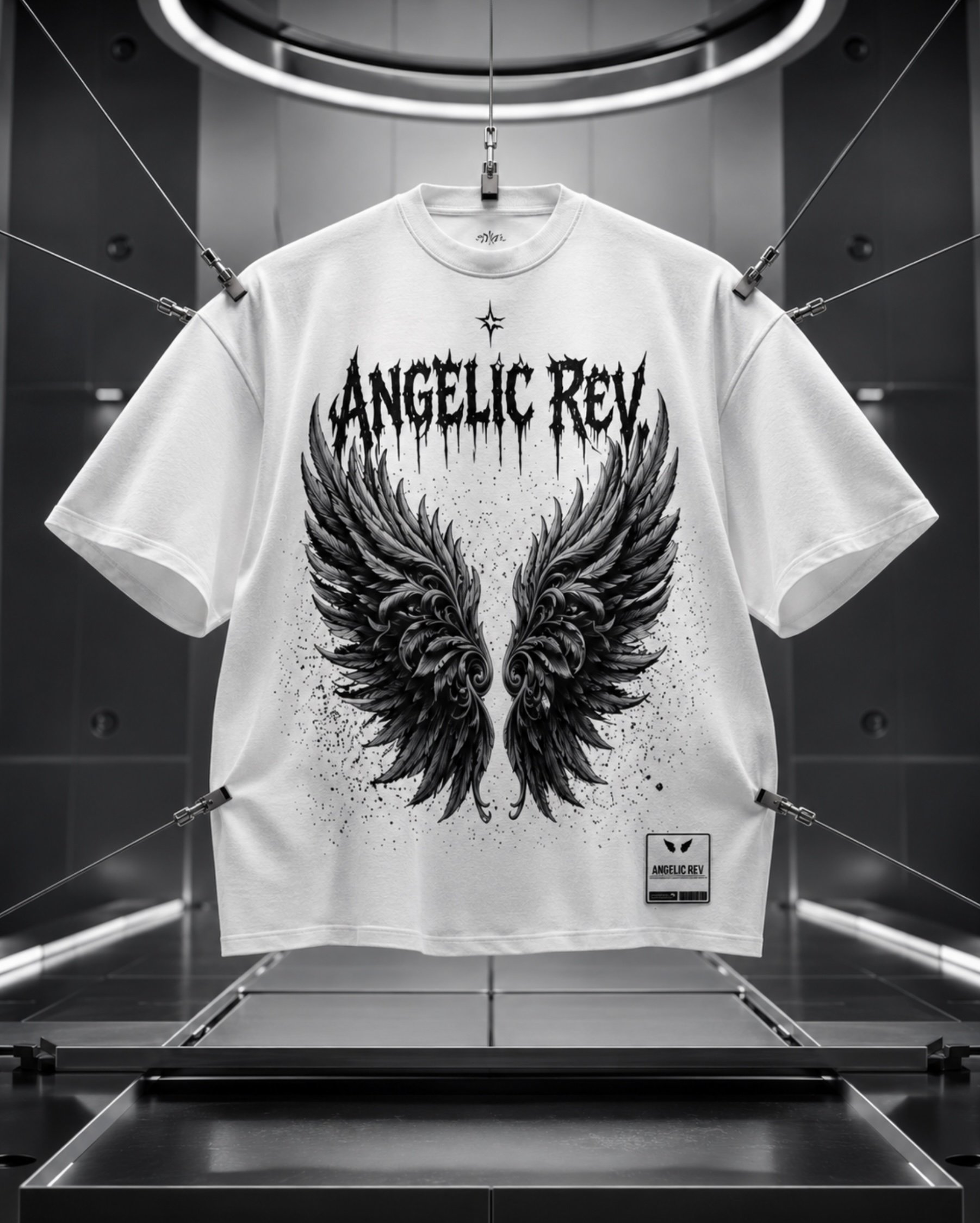 A white T-shirt hanging on a rack with an angel wing design and the text 'Angellic Rev' above the wings, displayed in an elevator with a mirrored interior.