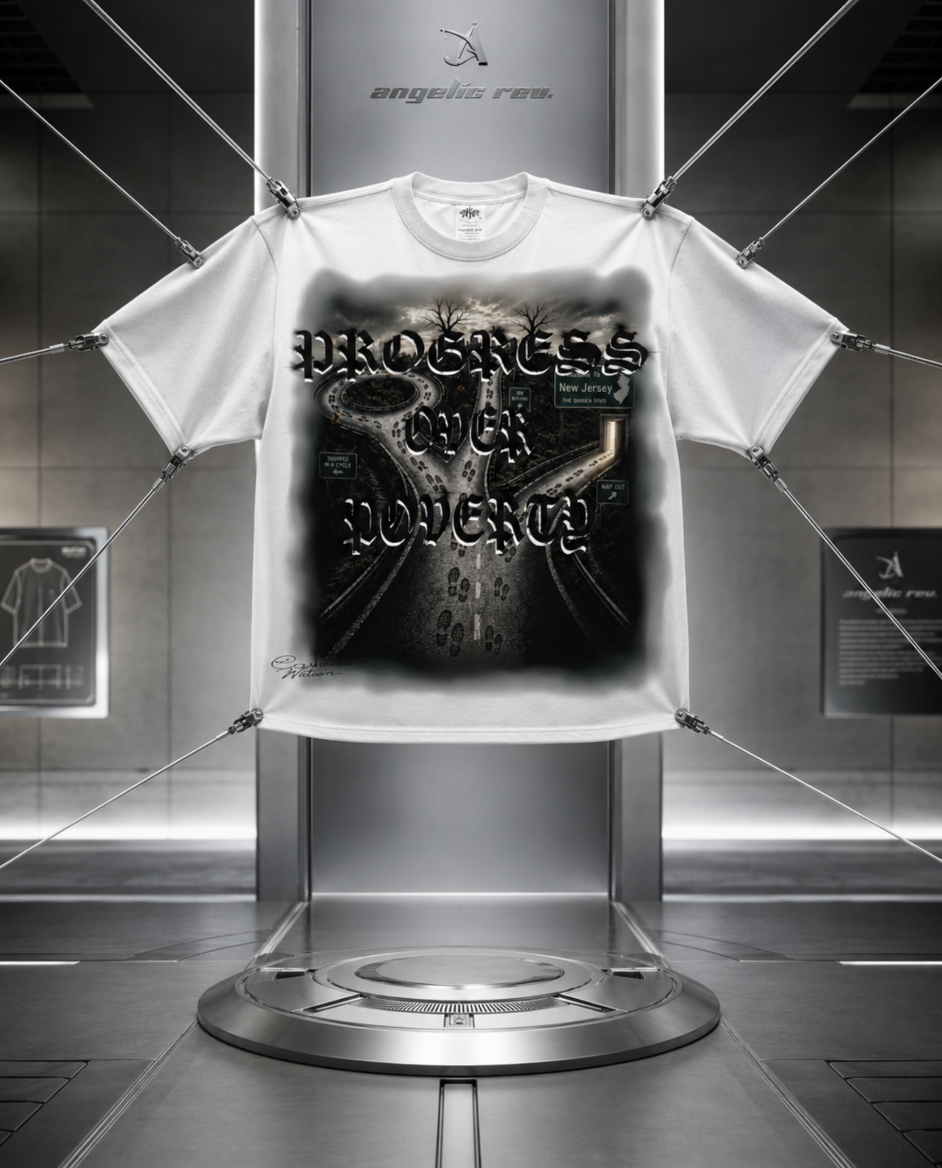 A white t-shirt with a graphic design hangs on a display rack inside an elevator, secured by wires at each corner. The graphic on the t-shirt features a stylized scene with roads, trees, signs, and the word 'PROGRESS' in large letters.
