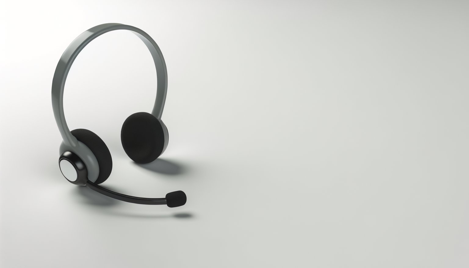 Black and gray over-ear headset with microphone placed on a white surface.