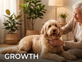 An elderly woman smiling and petting a large, fluffy dog lying on a sofa in a cozy living room with houseplants and soft lighting.