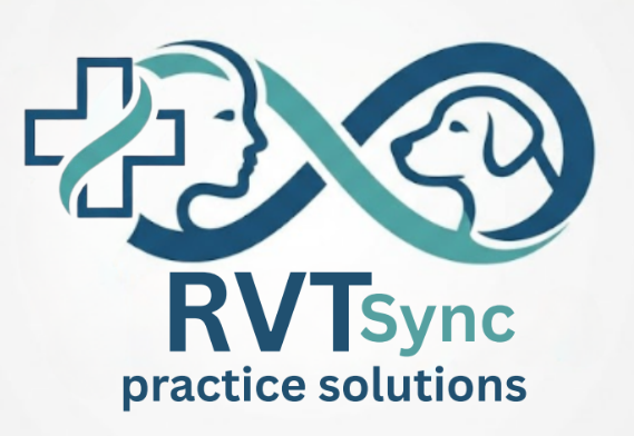 Logo with a stylized human face and a dog within an infinity symbol, the text 'RVTSync practice solutions' below.