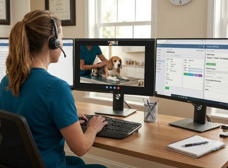 A woman in a blue shirt wearing a headset works at a desk with a dual monitor setup. Her left monitor displays a video call  while her right monitor shows a scheduling or management software. There is a pen and notepad on the desk.