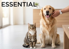 Dog and sitting cat inside a bright room with white floors and curtains, person petting dog.