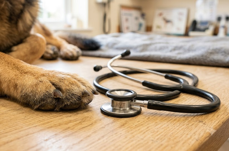 Close-up of a large dog paw on a wooden table next to a stethoscope.