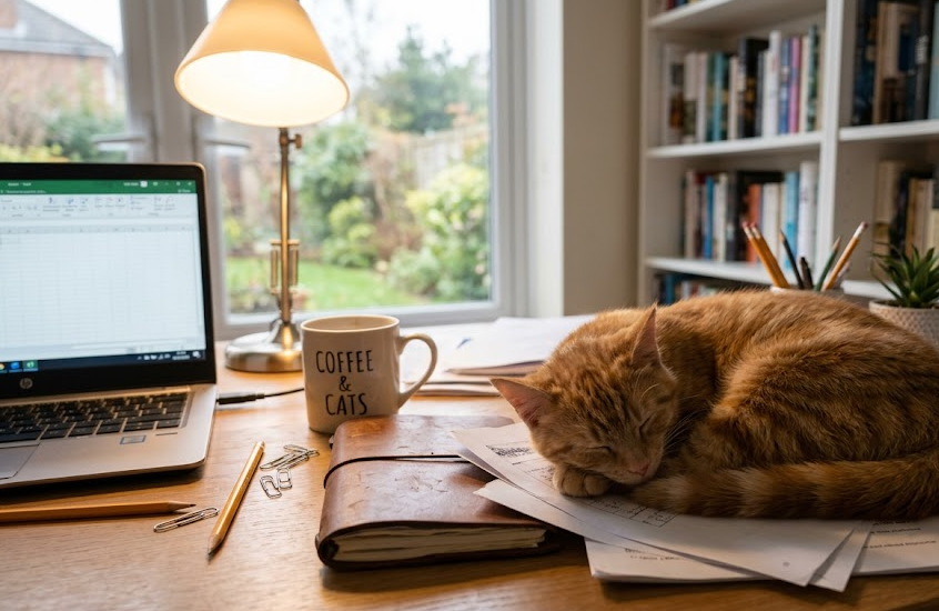 A cozy home office with a wooden desk, a MacBook displaying a spreadsheet, a coffee mug labeled "Coffee & Cats," a lamp, a yellow pencil, some paper clips, and a ginger cat sleeping on a stack of papers. In the background, a window shows a view of a garden with trees and a fence, and bookshelf filled with books.