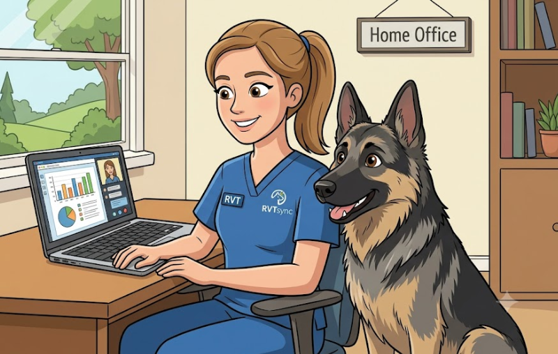 Female RVT worker sitting at a desk with a black and tan German Shepherd dog beside her in a home office.