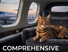 A tabby cat sitting on a black leather seat inside an airplane cabin, with airplane windows in the background, and the word 'COMPREHENSIVE' at the bottom.