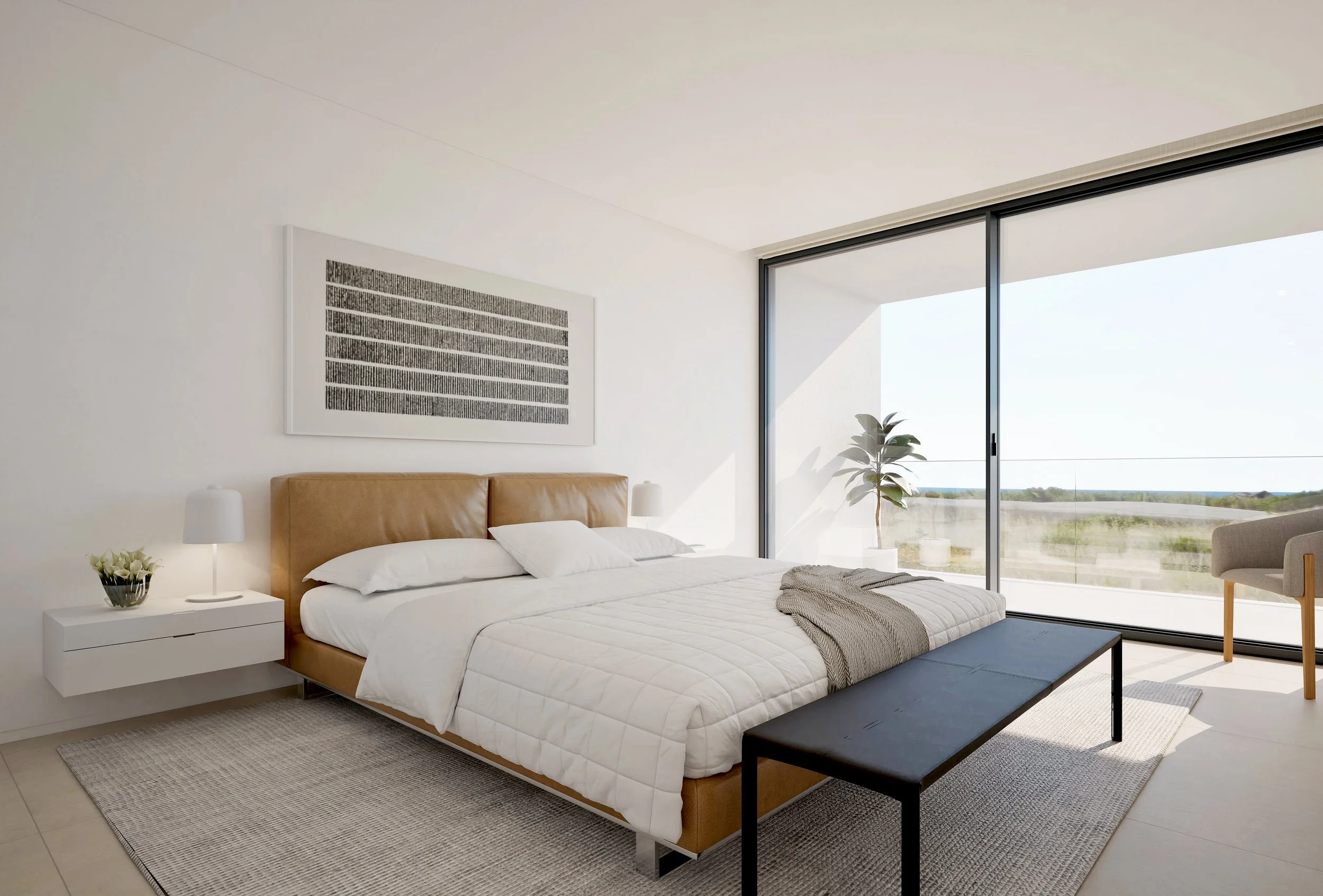 Modern bedroom with a large window overlooking an open landscape. The room has a tan headboard, white bedding, a white nightstand with a lamp, and a chair near the window. There is a black bench at the foot of the bed and a piece of abstract wall art