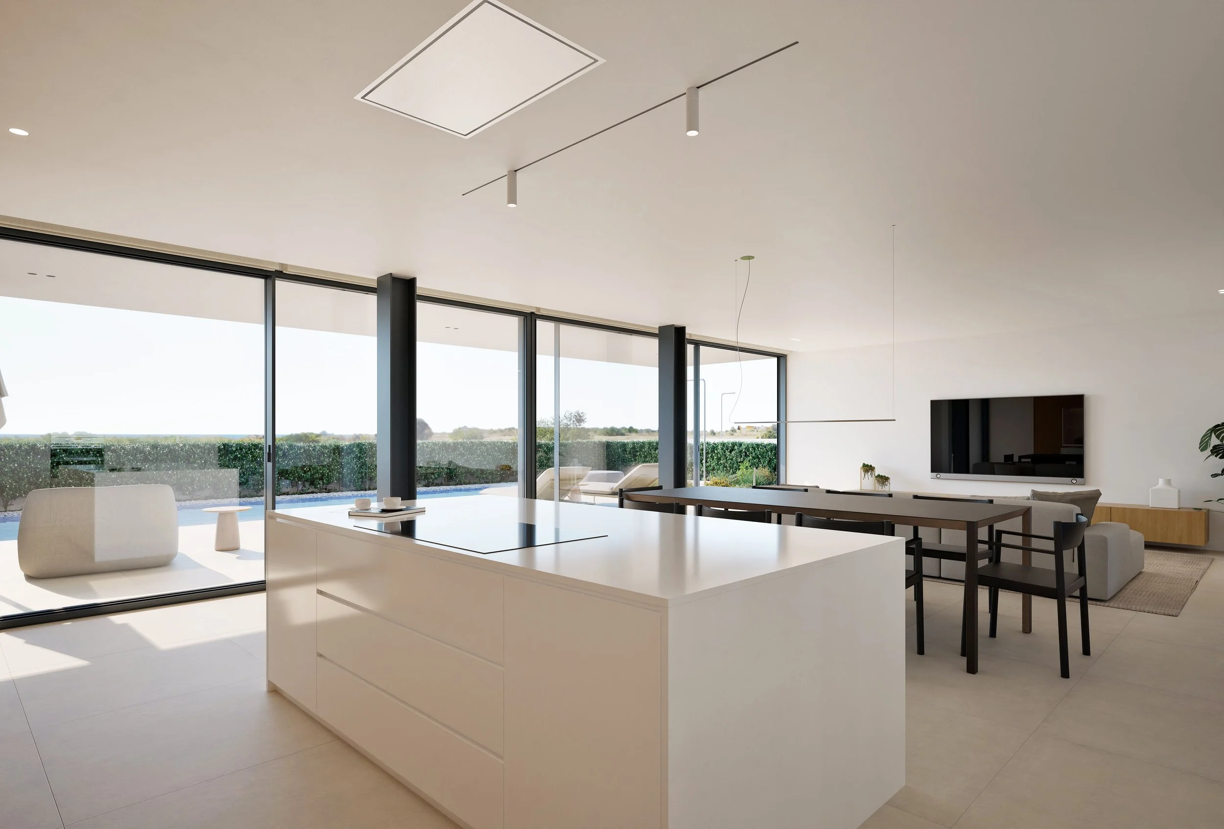 Modern minimalist living room with large windows, white walls, and contemporary furniture.